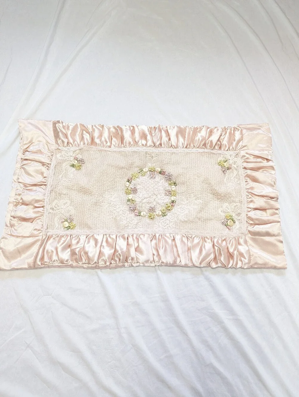 JCPenney Shabby Floral Cottagecore Flower Lace Peach Satin King Pillow Sham